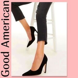 Good American The Icon Pointed Toe Pump in Black Suede